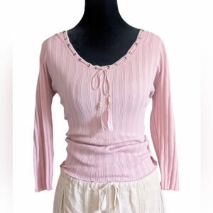 Vintage Y2K 90s Powder Pink Feather Drawstring Ribbed Tee Shirt